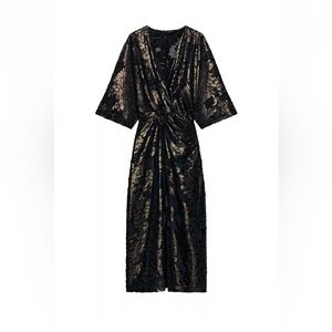 Black and Gold Twist-Front Lace Midi Dress